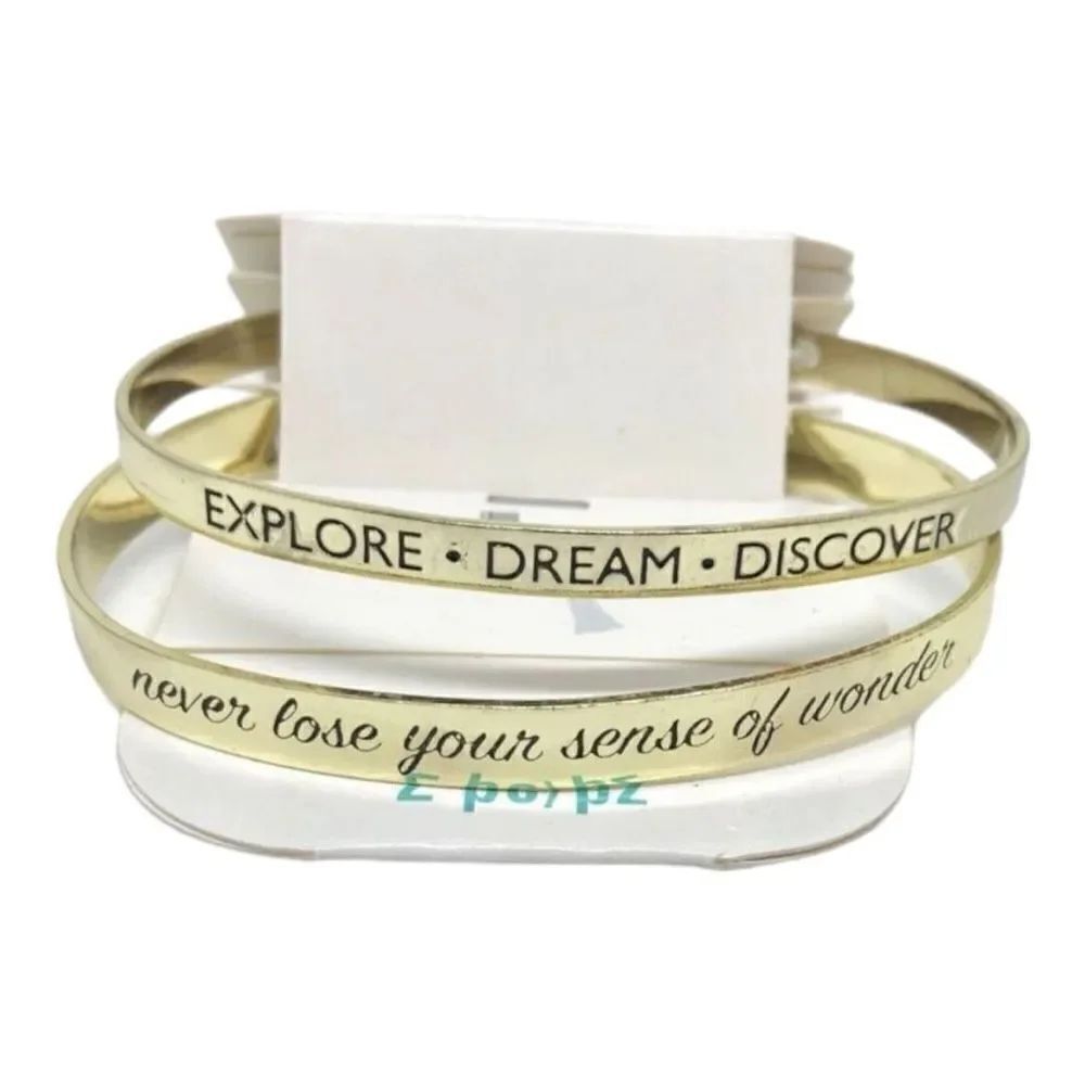 New Womens Bead Landing Double Gold Mantra Cuff Set of 2 Explore-Dream-Discover